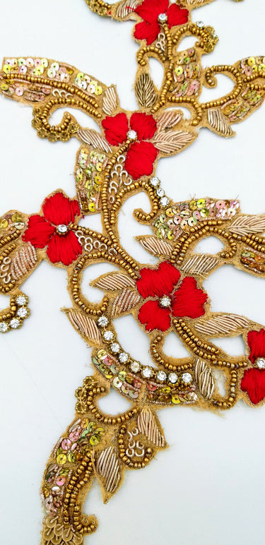 Hand Embroidered Zardozi Floral Applique in Red and Antique Gold, Wedding Dress Applique,Sari Blouse Applique